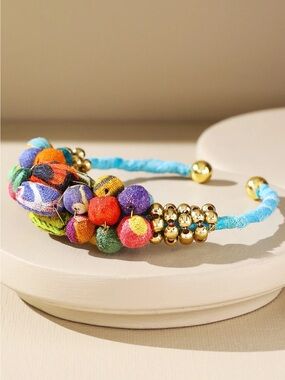 Multicolor Fabric Bead & Gold Accent Wrap Bracelet - Blue